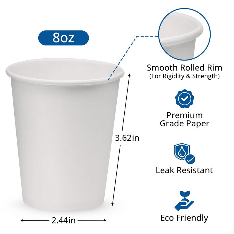 NYHI 300-Pack 8 oz White Disposable Paper Cups for Hot & Cold Drinks - Coffee, Tea, Water - Leak-Proof for Parties & Offices - Image 2